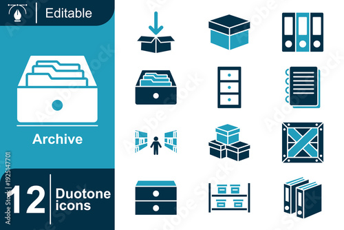 Set of 12 duotone icons related to archive, storage, document management, organization, and data security, perfect for digital and print use