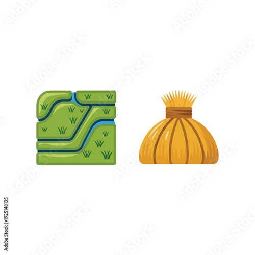 Village agriculture icons with paddy field block and golden haystack for harvest festival poster, rural development project, education infographic design