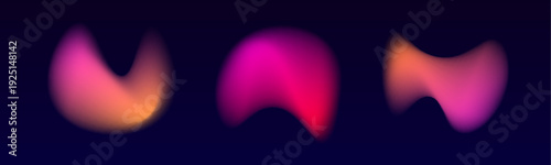 Glossy pink liquid gradient circle blends neon colors, scattered blot and soft blob forms float over surface. Purple glow illuminates curved form. Drifting drops add depth. Vector banner.