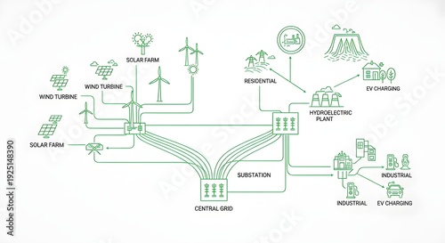 Green line art smart energy grid diagram illustrating renewable power distribution to diverse consumers