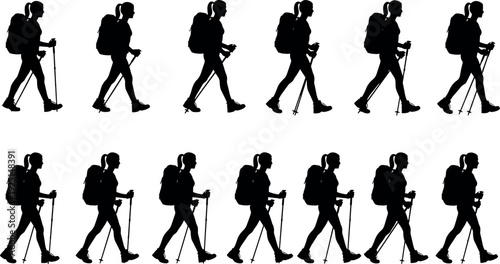 Female hiker walk cycle animation sprite sheet silhouette vector illustration sequence showing woman trekking with backpack and hiking poles gear