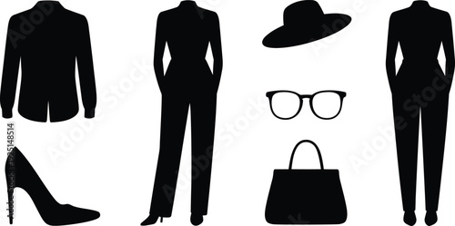 Black silhouettes of women's clothing and accessories