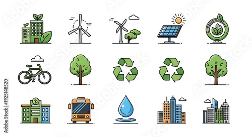 Green and blue eco-friendly sustainable development icons with buildings, renewable energy, and transport