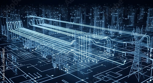 Digital network power grid with blue glowing lines and geometric shapes for technology and data flow