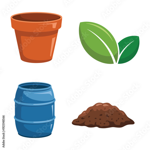 Potting soil with terracotta planter, rain barrel water conservation icons, sustainable gardening fair poster, seed starting session, composting tips station