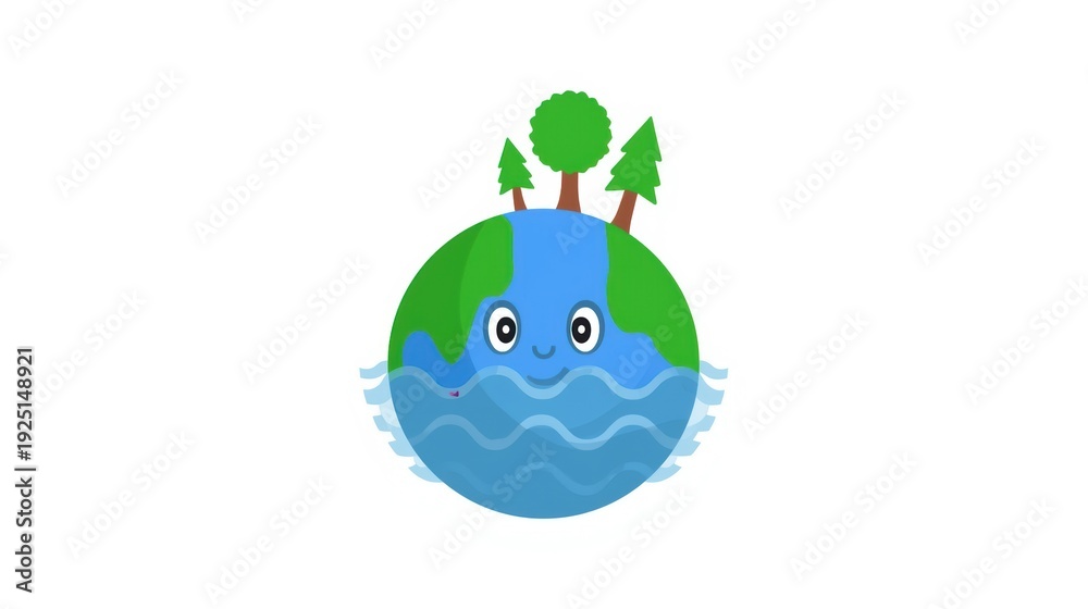 Naklejka premium A cheerful planet with a blue river and green trees on its surface