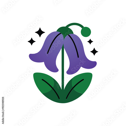 Purple bellflower botanical emblem, elegant floral icon for spring wedding invitation, garden logo, greeting card, nature branding, minimalist design