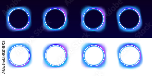 Colorful neon rings floating in a luminous abstract scene. Glowing layers add motion and depth. Perfect for digital artwork vector