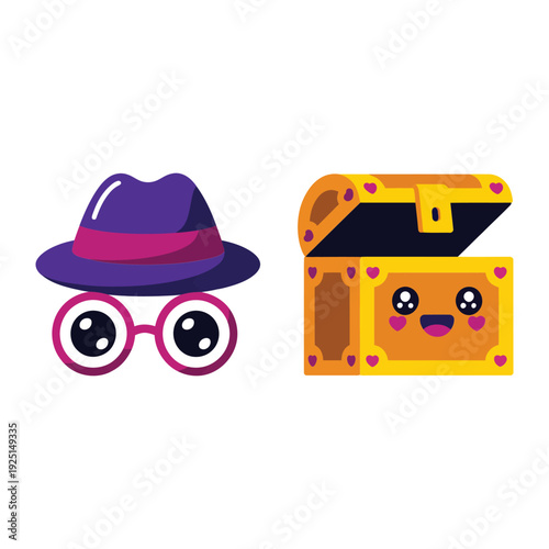 Spy mystery party icons, detective hat, glasses, treasure chest, theme night, escape room briefing session, clue hunt, photo booth
