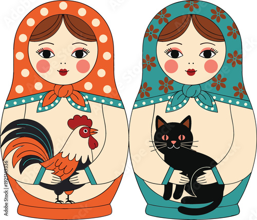Cute matryoshka nesting dolls vector illustration set with Russian folk style characters holding rooster and cat, traditional decorative toys isolated on white