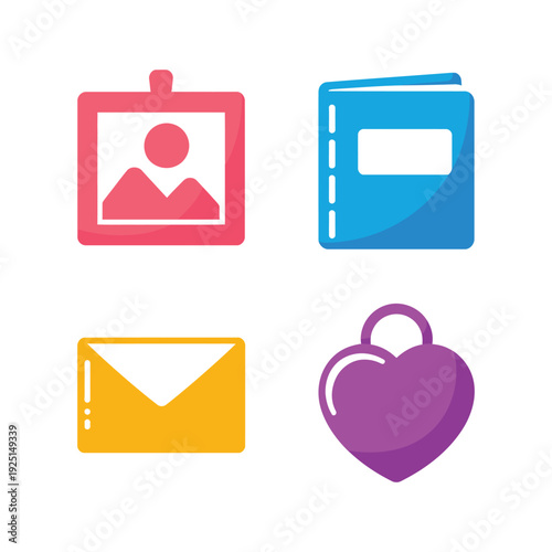 Event registration icons set, ID badge, envelope, notebook, heart tag, conference welcome desk, credential pickup session, attendee support counter
