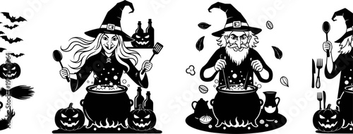 Halloween witch and wizard cooking silhouettes, spooky kitchen cauldron with pumpkins and bats, magic spell brewing for celebration, autumnal holiday party decoration,