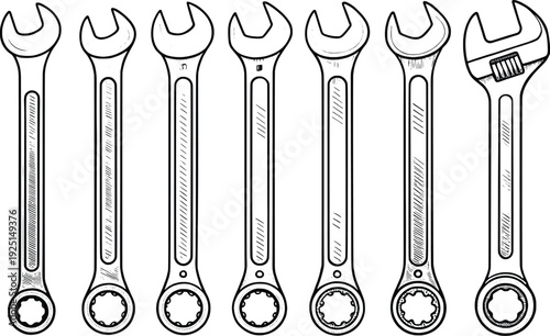 Illustration-of-various-types-of-wrenches-in-a-row-on-a-white-background