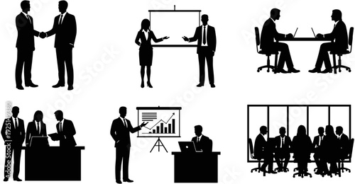 Creative business people meeting set, corporate team presentation with whiteboard, professional office teamwork collaboration, executive leadership discussion,