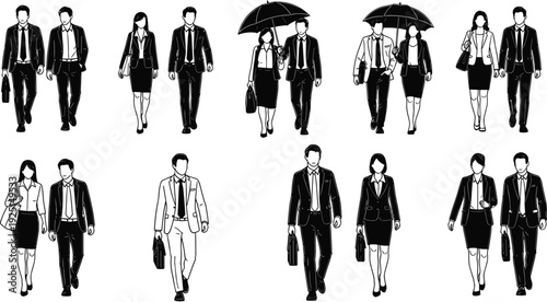 Business professionals walking to work silhouette, corporate couples in formal suits with umbrellas and briefcases, urban commuter lifestyle management, career success,