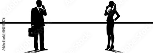 Business professionals calling on smartphones silhouette, corporate communication, mobile networking, executive man and woman talking on cellphones, career success, professional,