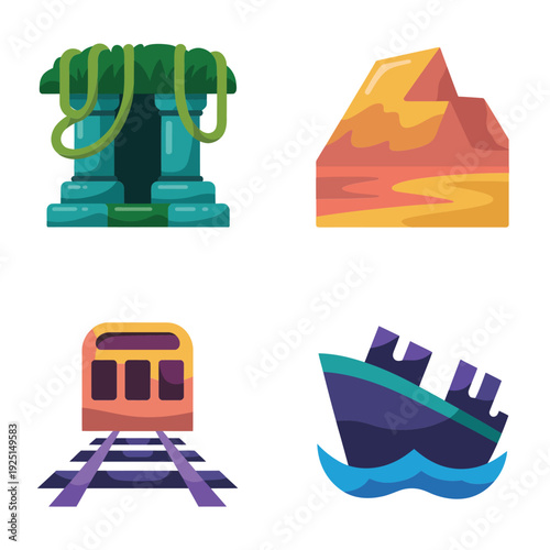 Ancient ruins and tracks icons, jungle temple, monolith stone, expedition rally poster, exploration hike session, wayfinding workshop for beginners