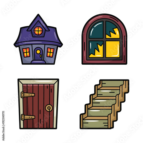 Creepy attic window, crooked cottage, old door and stairs, halloween yard haunt poster elements, spooky house walkthrough session graphics