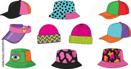 Colorful pop art hats vector illustration set with caps, bucket hats and beanies, bold trendy fashion accessories in modern cartoon style for streetwear and youth design