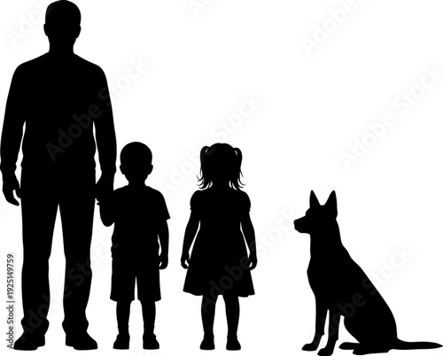 Happy family silhouette set, father holding hand of son and daughter with pet dog, domestic life, childhood parenting, household bonding, family love, suburban lifestyle,