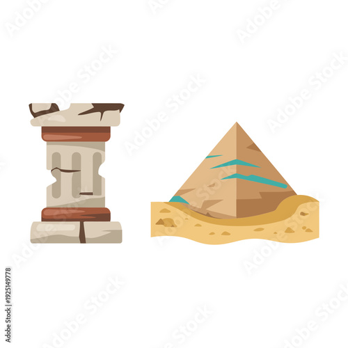 Ancient ruins icons, fallen column and desert pyramid, heritage day poster, archaeology dig session graphics, historical exploration event vector