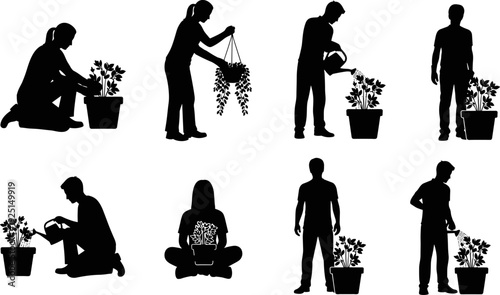 Gardening silhouettes set, people planting and watering flowers in pots, backyard hobby, horticulture activity, green thumb, summer garden, nature care, botanical growth,