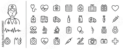 Medical icons set including doctor and healthcare symbols for web design