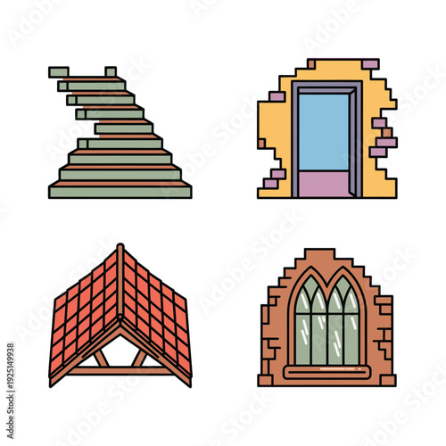 Medieval roof gable dormer window and stone stair blocks, rustic architecture elements pack for fantasy game map and illustration