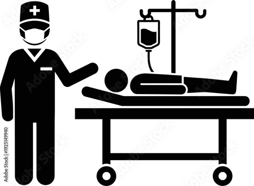 Medical surgery operation icon, doctor treating patient on hospital bed, intravenous iv drip infusion, healthcare emergency procedure, surgeon professional,