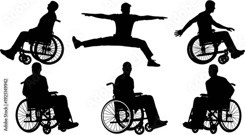 Disabled people silhouettes set, wheelchair users active lifestyle, handicapped person mobility, accessibility vector, diversity and inclusion, man in wheelchair, athlete,