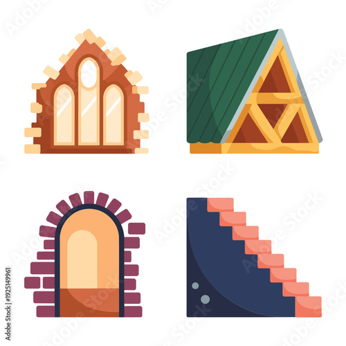 Colorful dormer gable, ornate arched window, brick doorway and masonry staircase, architectural elements set for village building, isometric game design