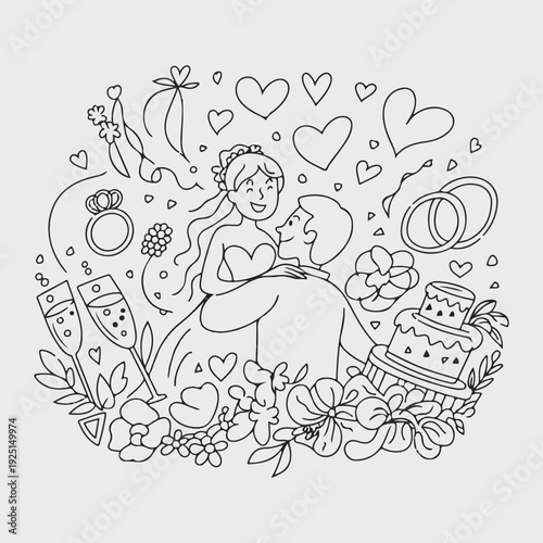 Romantic Wedding Couple Line Art – Bride and Groom Illustration with Floral & Heart Elements