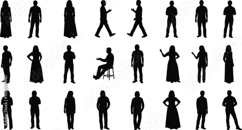 People silhouette illustration set, men and women standing, walking, talking poses, black human figure vector collection for infographics, presentations, and graphic projects