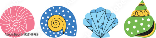 Cute seashell cartoon vector illustration set with colorful spiral shells and scallop shapes, simple marine icons isolated on white for kids, beach and summer design