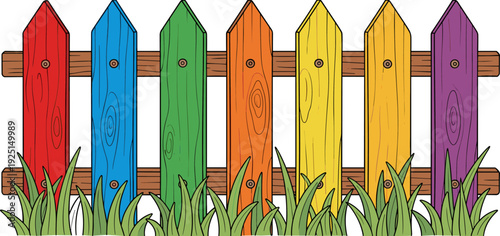 Colorful wooden picket fence illustration, rainbow vibrant garden border, decorative backyard wood planks, outdoor summer yard landscape, bright creative grass element, fence, wood,


