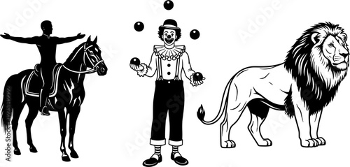 Circus performance illustration set, equestrian rider on horse, juggling clown character, majestic lion animal, carnival entertainment, vintage show, circus.