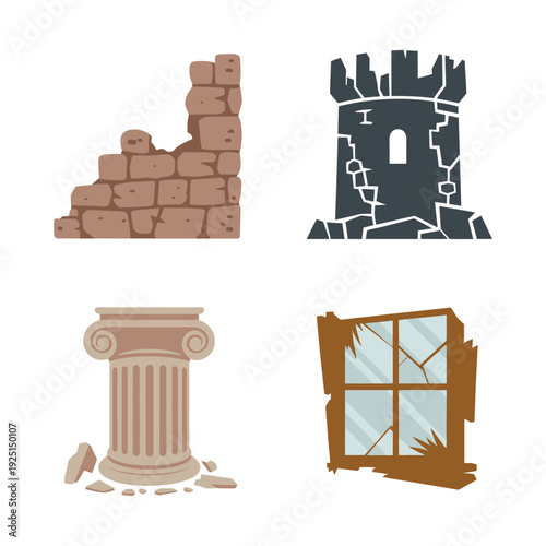Stone wall remnant, tower stump and column base with broken window, medieval ruin assets for presentation and fantasy illustration