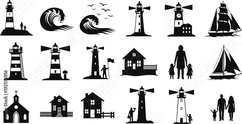 Set of lighthouse silhouettes with sea waves and nautical elements, coastal buildings and sailing boats, maritime family life vector collection,