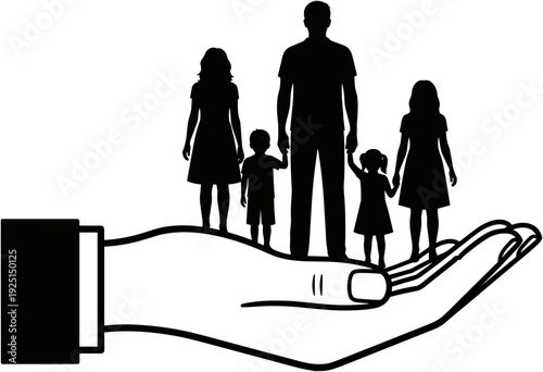 Happy family silhouette protected by giant hand, insurance for life and health, financial security for parents and children, caring hands,