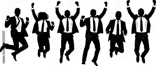 Successful business team jumping for joy celebrating victory, corporate group silhouette achieving goals, happy professionals winning deal, professional achievement and teamwork,