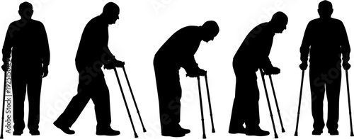 Set of silhouettes showing elderly man walking with cane, senior male characters using walking sticks, disability and geriatric health care, man, senior, elderly, walking, cane, stick, silhouette,