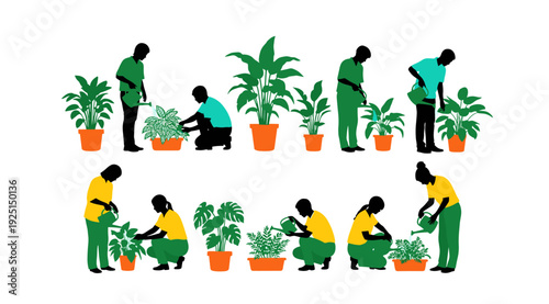 Flat vector silhouette people gardening, planting flowers in pots, watering houseplants, gardening characters set, urban jungle hobby, professional gardener service,