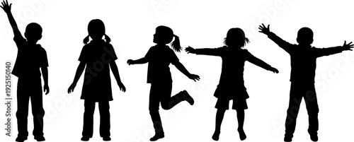 Happy children playing and jumping silhouette vector, group of diverse kids cheering together, childhood joy and friendship concept, youth energy and active lifestyle,