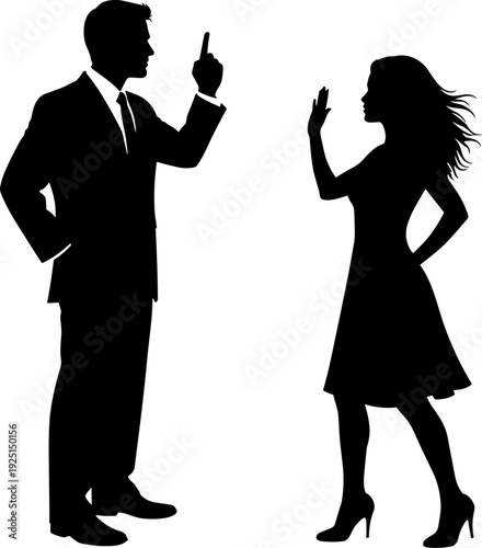 Couple in business suit and dress arguing silhouette vector, man and woman having conflict disagreement, relationship problems and communication breakdown, professional people fighting,