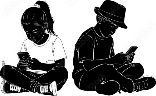 Children sitting with smartphones silhouette vector, boy and girl using mobile devices, digital technology and internet addiction concept, youth social media communication,