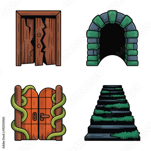 Wooden doors collection with hinges, vine wrapped gate and stepped altar, dungeon entrance assets for fantasy quest, roleplaying map design