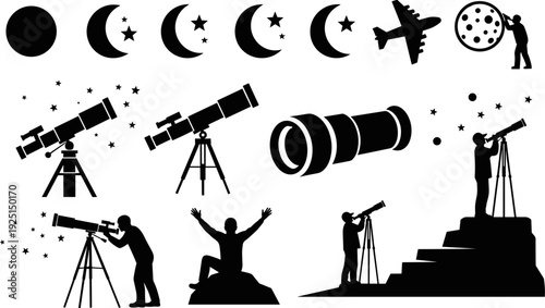 Astronomy silhouette vector collection, telescope observation set, moon phases and stars, stargazing people, space exploration icons, night sky discovery, science education elements,
