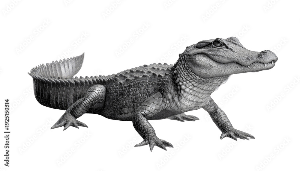 Obraz premium Alligator's Stroll in Monochrome A detailed monochrome depiction of an alligator in a striking pose. The intricate texture of its skin, powerful limbs.