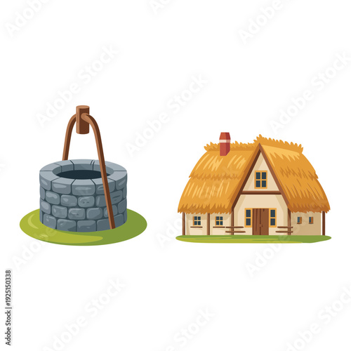 Rural cottage with thatched roof and stone water well, countryside homestead icons for farm poster, village festival, tourism heritage design