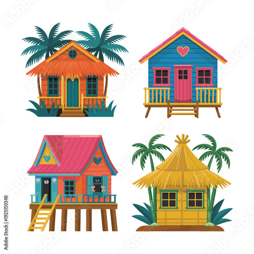 Island hut and waterfront cottage vector set on stilts with palm silhouettes, tropical travel poster, beach party, tourism promotion design